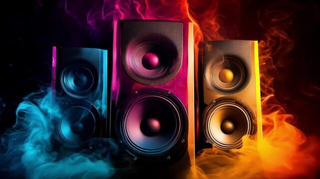Colorful smoke surrounds three music speakers while they amplify sound waves, creating a dynamic atmosphere against dark background