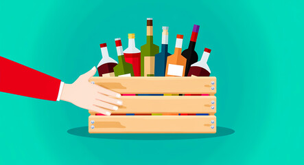hand placing a crate of assorted beverage bottles