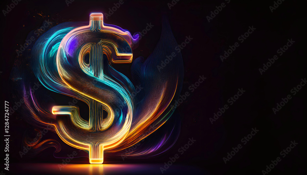 Aufkleber Dynamic Abstract Representation of the Dollar Symbol Illuminated by Flowing Colorful Lines