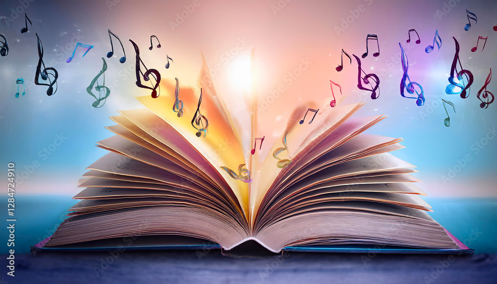 Aufkleber floating musical notes spring from an open book under a radiant glow in an imaginative realm