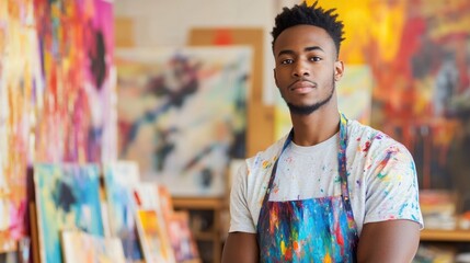 A striking portrait of an African American male artist in his colorful studio, showcasing his creativity and passion for painting. Rich colors surround him, reflecting his artistic talent.