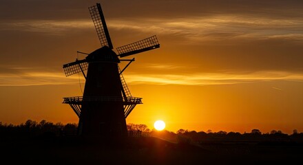 Windmill Silhouette at Sunset with Golden Sky Landscape View