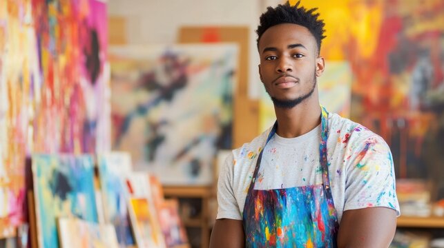 A striking portrait of an African American male artist in his colorful studio, showcasing his creativity and passion for painting. Rich colors surround him, reflecting his artistic talent. - Powered by Adobe