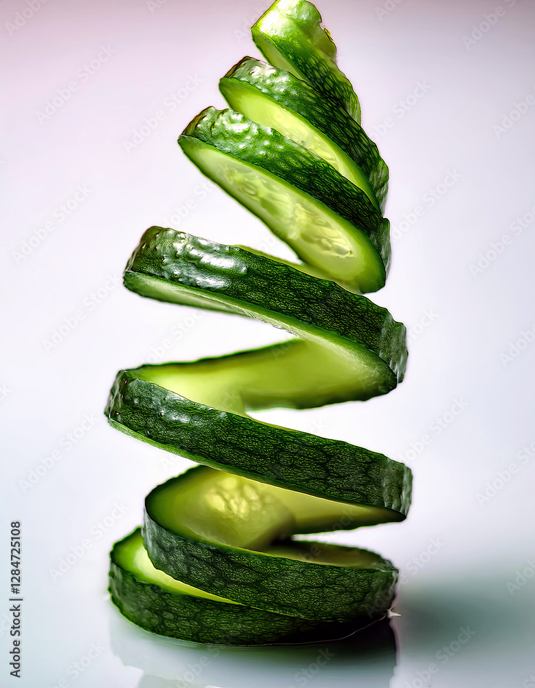Poster Spiraling Cucumber Peels Create a Whimsical Abstract Form in Vibrant Green