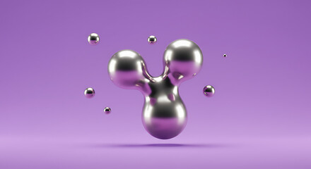 Abstract 3D Chrome Molecular Form with Floating Spheres, Abstract Shapes 4K Wallpaper, Purple Background
