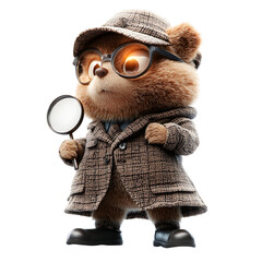 A Fluffy 3D Cartoon Detective Teddy Bear Wearing Hat and Coat Isolated on Transparent Background