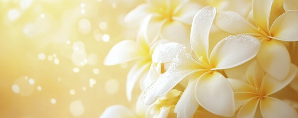 Fototapeta premium Close-up of dew-covered white frangipani flowers against a soft yellow background
