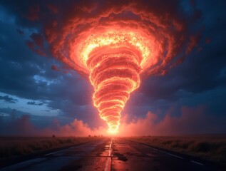 Glowing tornado spiraling from dark clouds over empty road at dusk