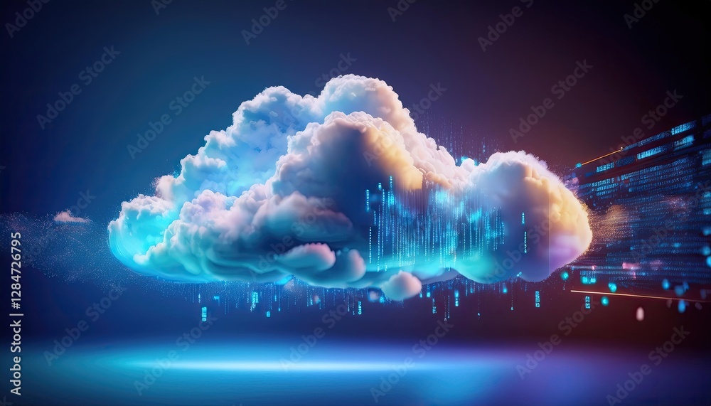 Aufkleber floating code clouds illuminate a vibrant digital landscape at dusk