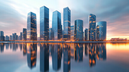 Fototapeta premium Futuristic Glow: Illuminated Skyline Reflected in a Digital Horizon