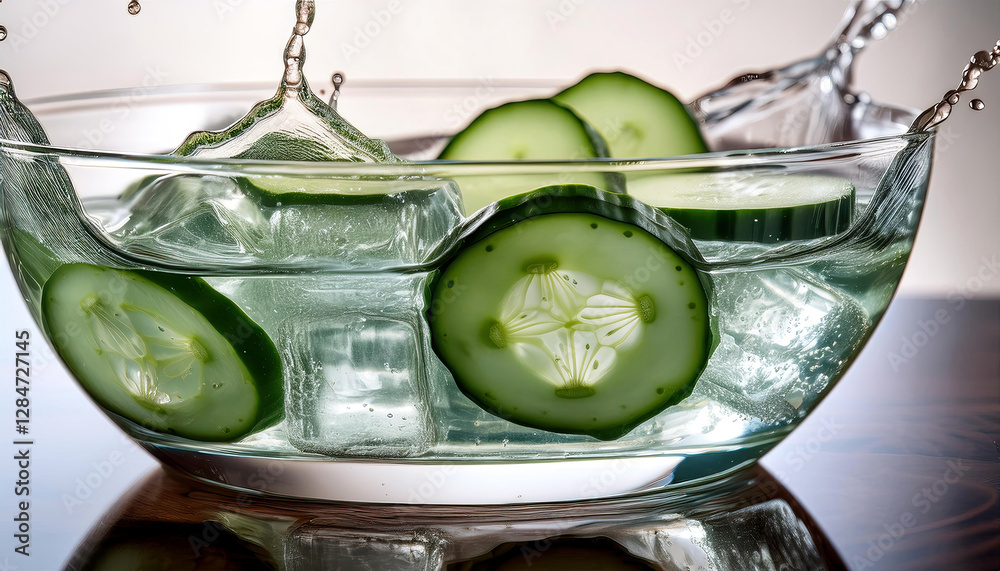 Poster refreshing cucumber infused water with floating ice cubes for a summer treat