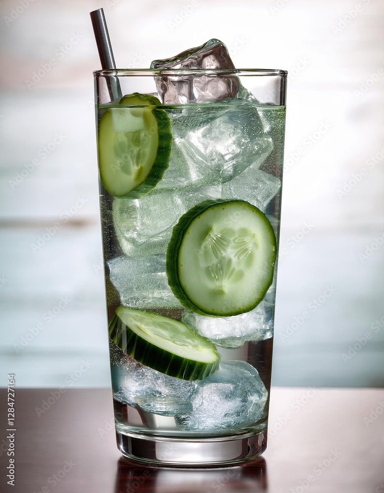 Poster refreshing cucumber infused water served with ice cubes on a sunny day