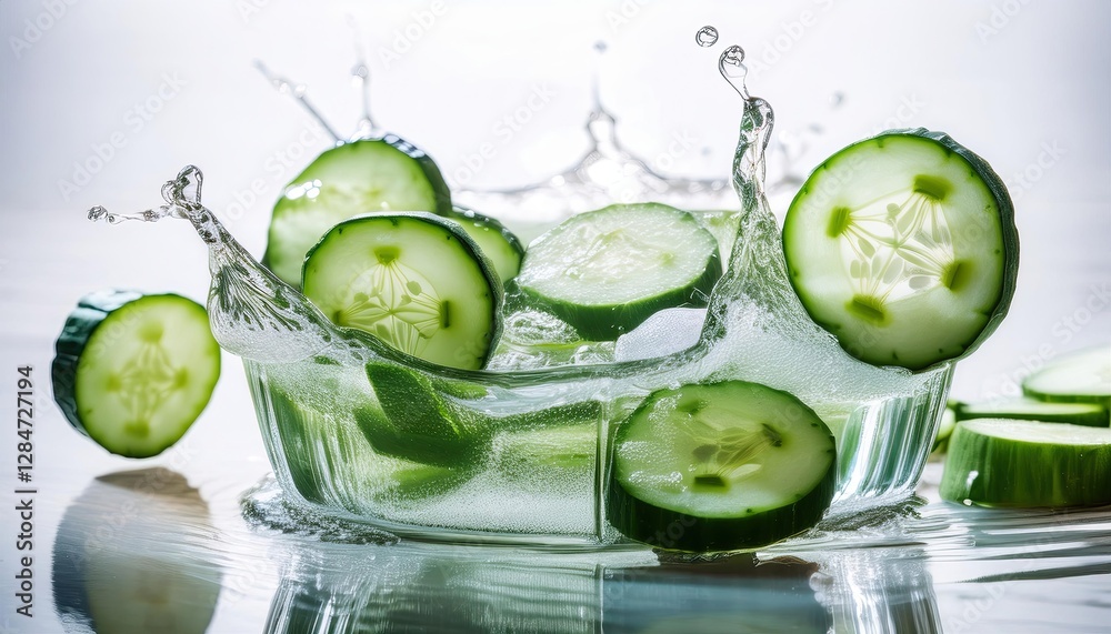 Poster Refreshing Cucumber Infused Water With Floating Ice Cubes on a Bright Summer Day
