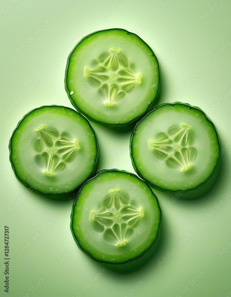 Poster Cucumber Rounds Create a Clover Arrangement on a Green Background for a Fresh Culinary Look