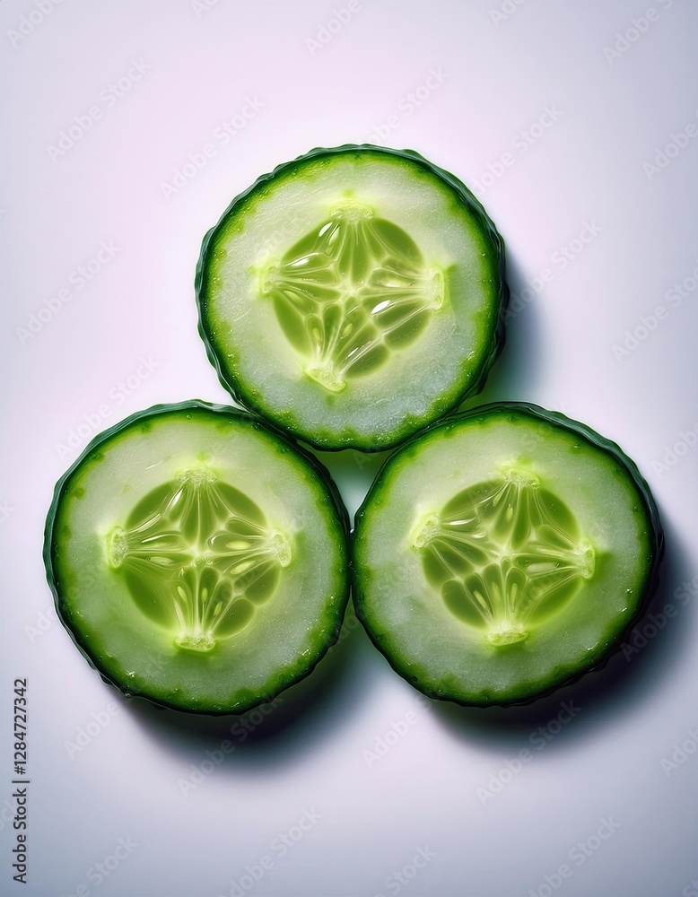 Poster creative arrangement of cucumber rounds resembling a clover in a modern kitchen setting