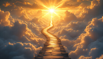  Ladder or way heavens gate in paradise. After life concept. Stairs to heaven in beautiful blue cloudy sky. God light. Stairway through clouds leading to heavenly light in spiritual fantasy. Religion