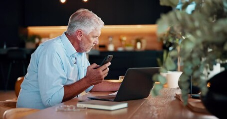 Man, remote work or laptop in home with phone call, loudspeaker or voice memo for reminder. Mature entrepreneur, tech or talking in living room for small business management, feedback or consultation - Powered by Adobe