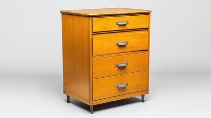 Vintage mustard yellow dresser against plain background