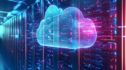 Holographic cloud over server racks