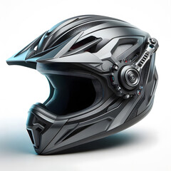 A futuristic motocross helmet with intricate details and a metallic finish, blending advanced design with rugged functionality
