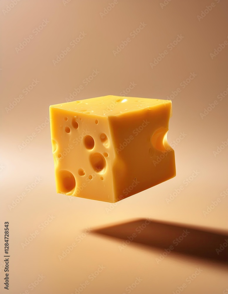 Poster Floating Cheese Cube Creating Soft Shadows in a Minimalistic Setting
