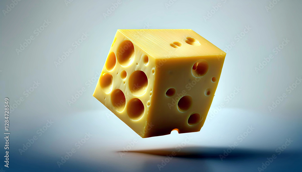 Poster Floating Cheese Cube Casts Soft Shadows Against a Minimalist Backdrop in a Surreal Visual Display