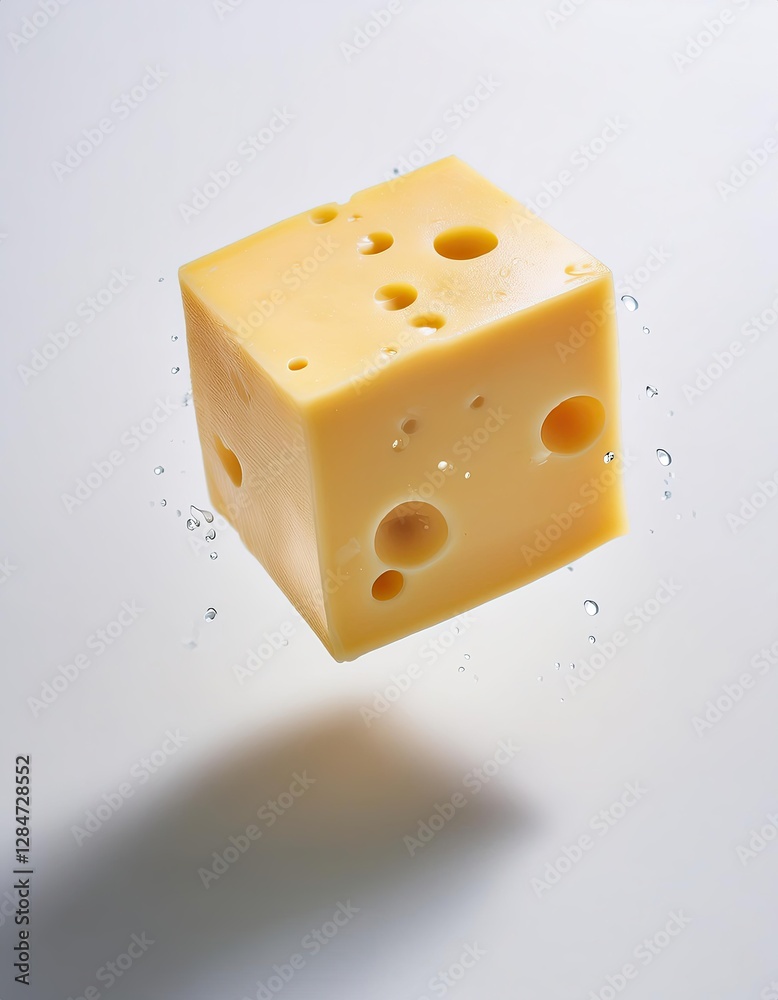 Poster Floating Cheese Cube Surrounded by Delicate Bubbles and Soft Shadows in an Artistic Setting