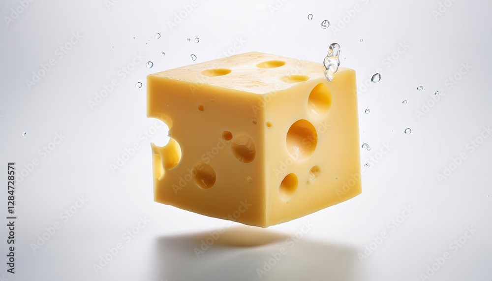 Poster Floating Cheese Cube Illuminated With Soft Shadows Against a Minimalist Backdrop