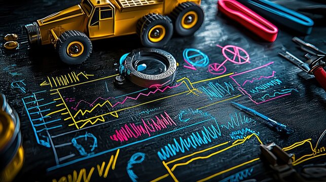 Engineering Design Process  Miniature Excavator and Technical Drawings on Dark Surface - Powered by Adobe