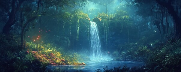 Enchanting forest waterfall scene in lush greenery and mystical atmosphere