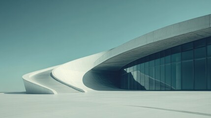 Modern concrete building exterior,  sunlit plaza, clear sky background,  architectural design