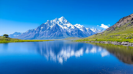 Naklejka premium Majestic mountain reflected in serene lake