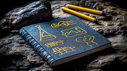 Mysterious Journal with Scientific Symbols on Dark Stone Surface