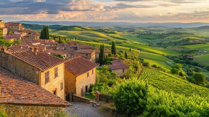 Naklejka premium Breathtaking view of a Tuscan village overlooking lush vineyards at golden hour. Generative AI