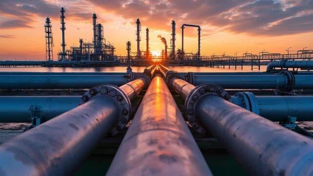 Factory pipeline at sunset, natural gas and oil pipes of refinery plant, concept of industry, energy, power. 