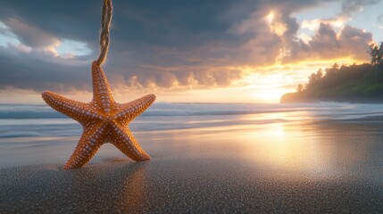 Fototapeta na wymiar Orange starfish hanging on beach at sunset