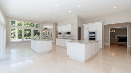 Modern open-concept kitchen with granite countertops and large windows overlooking a backyard.  Ideal for showcasing luxury homes or kitchen design