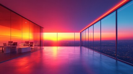 Modern Office Interior with Stunning Sunset View Over Cityscape