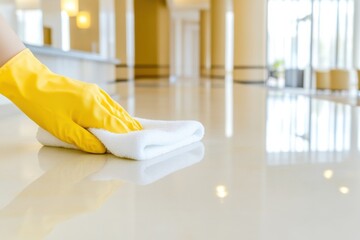 Cleaning a polished floor with great care during the daytime in a modern building atrium