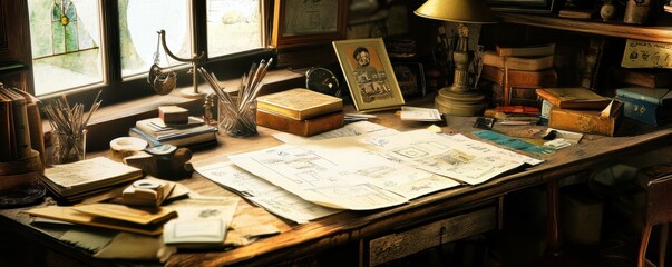 Obraz premium Vintage wooden desk with architectural sketches, books, and artistic tools by window