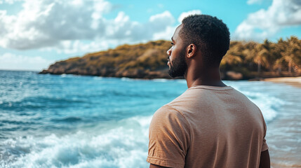 Fototapeta premium Caribbean Man in His Late 20s Deeply Contemplating While Watching the Waves on a Beach