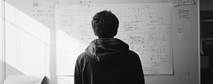 Young man analyzing diagrams on whiteboard in office or classroom setting