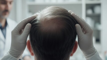 Fototapeta premium Hair loss in a medical office, a person consulting with a doctor. Featuring care and concern