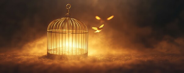 Obraz premium Glowing birdcage with escaping bird in mysterious misty atmosphere