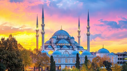 Fototapeta premium Stunning View of Ornate Mosque Silhouetted Against Colorful Sunset Skies in Istanbul with Majestic Minarets and Vibrant Clouds