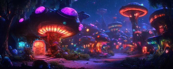 Magical mushroom village under starry night with glowing fungi and enchanted atmosphere