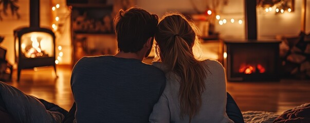 Fototapeta premium Cozy couple relaxing by fireplace with warm lighting in living room at night