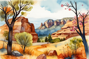 Sedona, AZ - stylized watercolor artistic desert landscape with red rock formations