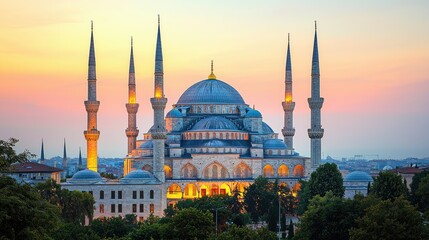 Fototapeta premium Stunning View of the Iconic Blue Mosque Illuminated at Sunset with Minarets Piercing the Vibrant Skyline of Istanbul, Turkey in a Cultural Landscape