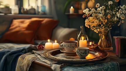 Naklejka premium Cozy living room still life with a serving platter, tea cup, candles, and a relaxing ambiance.